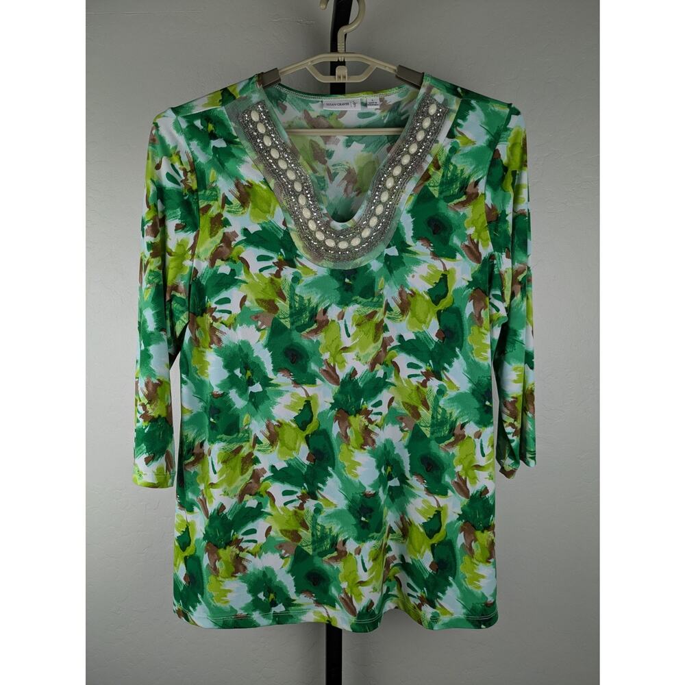 Susan Graver liquid knit tunic top beaded neckline green brown print